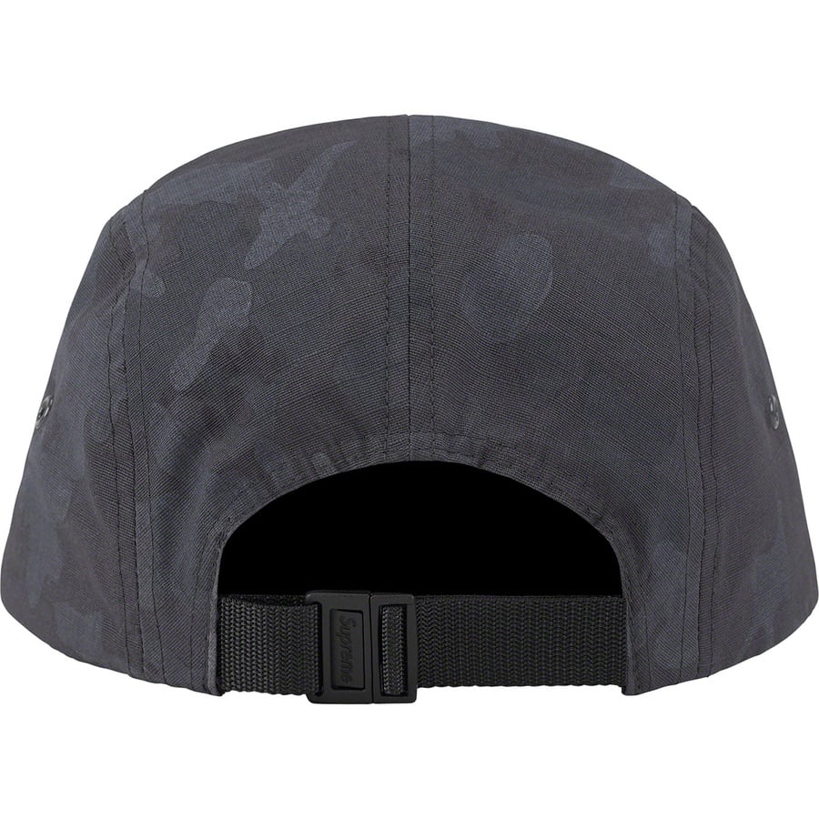 Details on Supreme Stone Island Reactive Ice Camo Ripstop Camp Cap Black from spring summer 2022 (Price is $66)