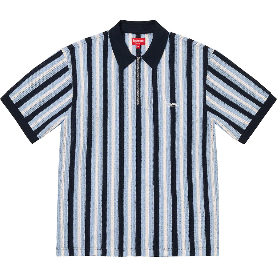 Details on Open Knit Stripe Zip Polo Navy from spring summer 2022 (Price is $118)