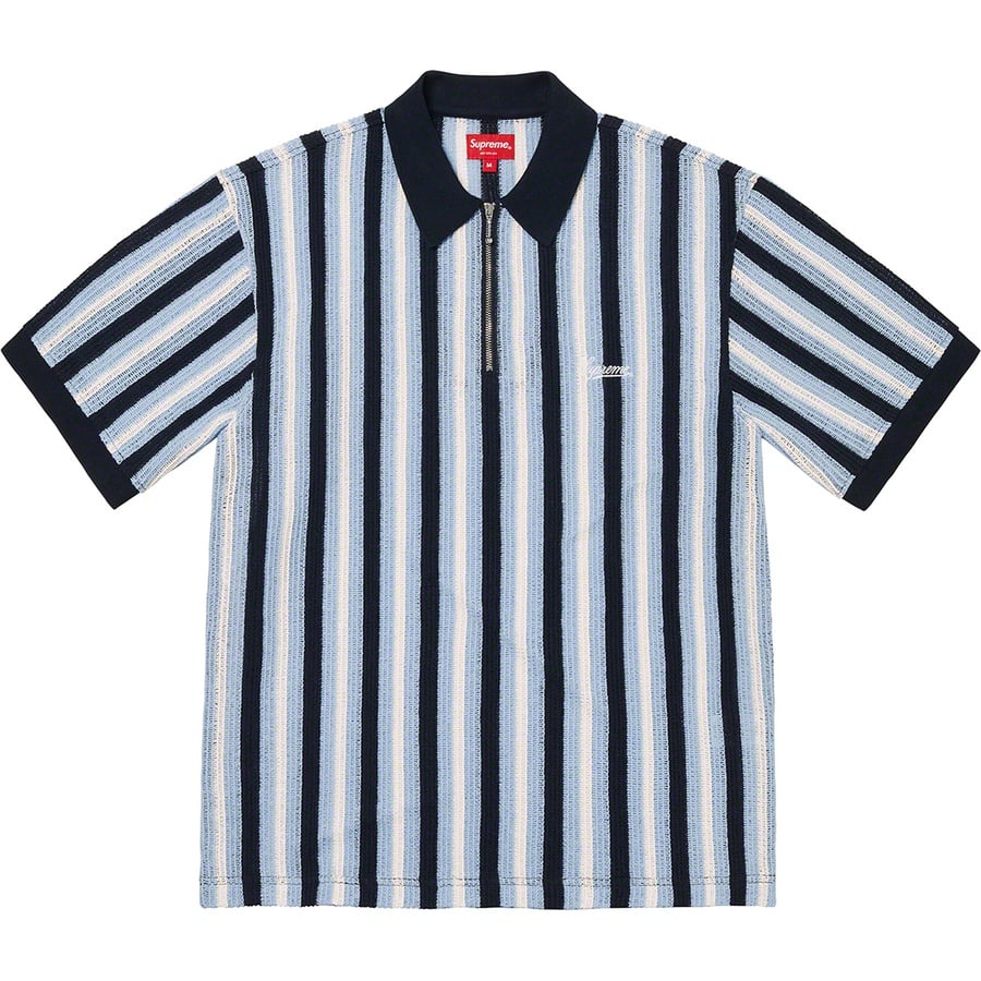 Details on Open Knit Stripe Zip Polo Navy from spring summer
                                                    2022 (Price is $118)