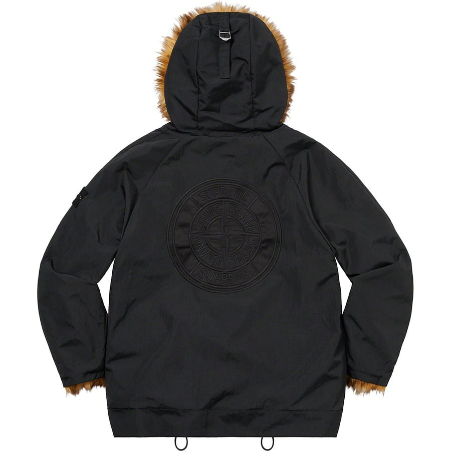 Details on Supreme Stone Island Formula Steel Reversible Faux Fur Parka Black from spring summer
                                                    2022 (Price is $1898)