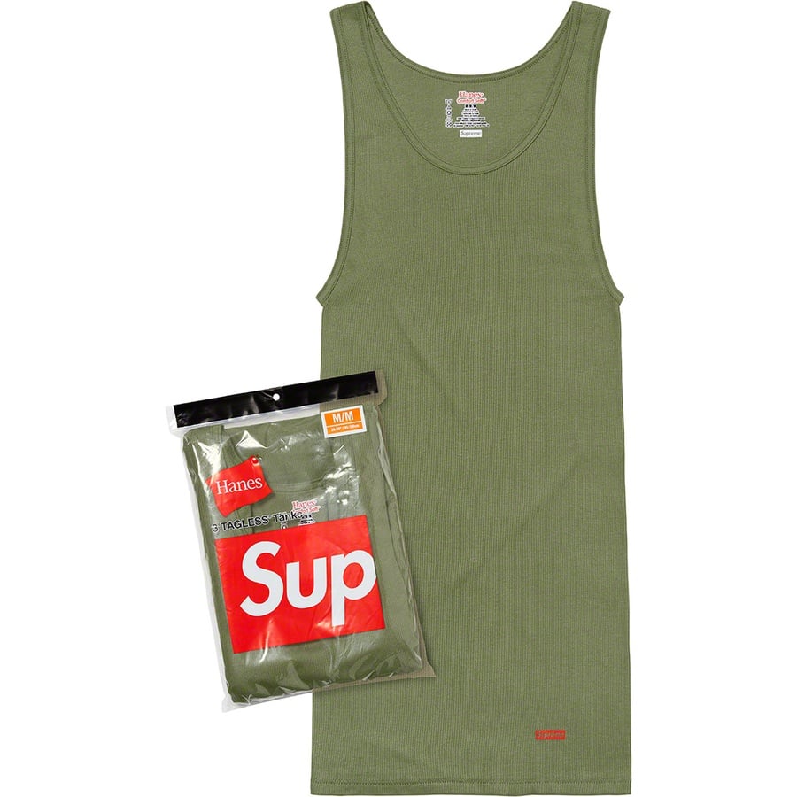 Details on Supreme Hanes Tagless Tank Tops (3 Pack) Olive from spring summer
                                                    2022 (Price is $28)