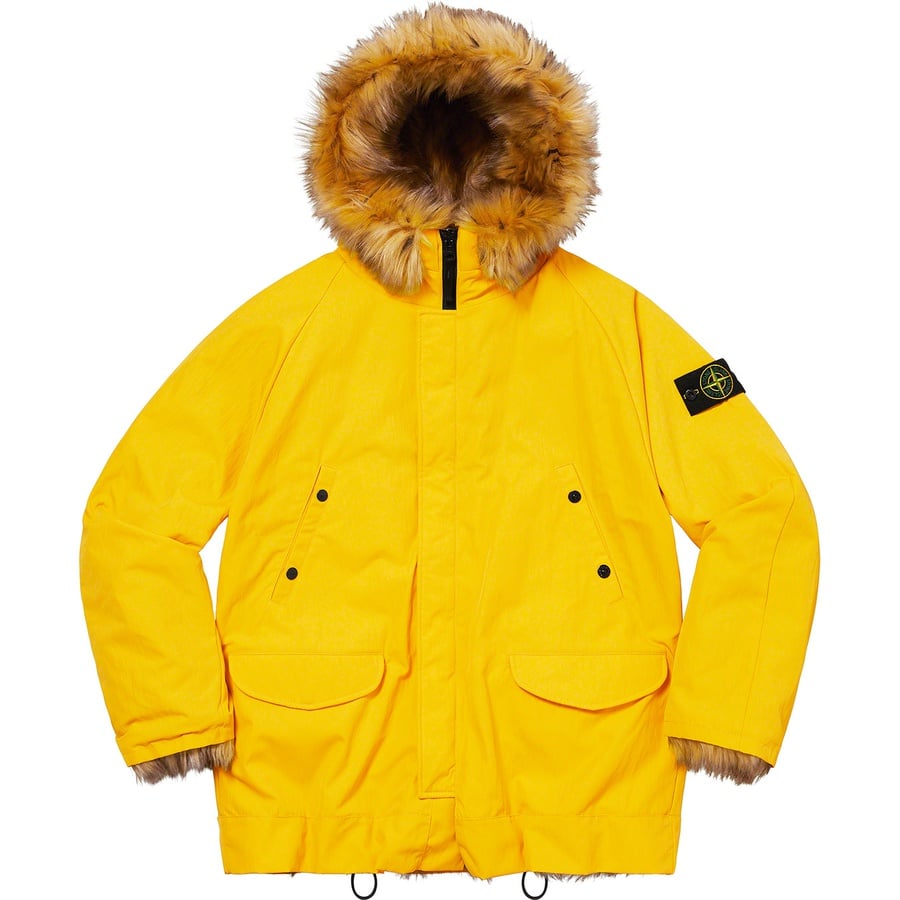 Details on Supreme Stone Island Formula Steel Reversible Faux Fur Parka Yellow from spring summer
                                                    2022 (Price is $1898)