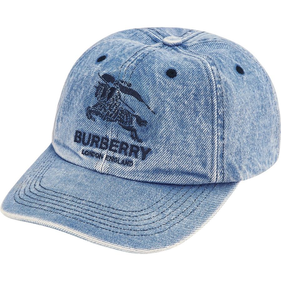 Details on Supreme Burberry Denim 6-Panel Washed Blue from spring summer 2022 (Price is $88)