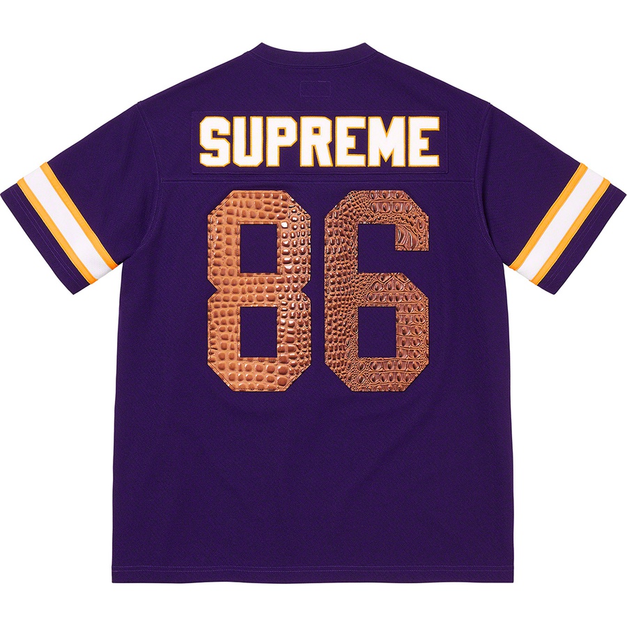 Details on Faux Croc Football Jersey Purple from spring summer 2022 (Price is $118)