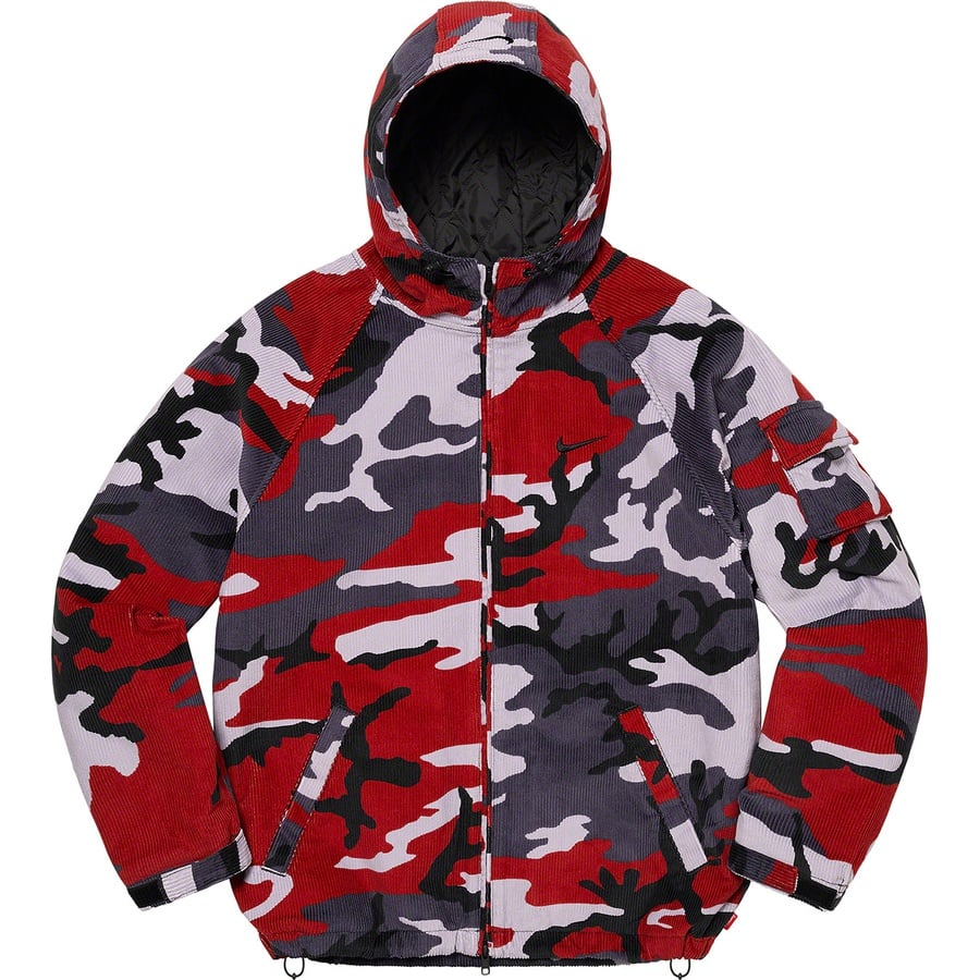 Details on Supreme Nike Arc Corduroy Hooded Jacket Red Camo from spring summer 2022 (Price is $198)