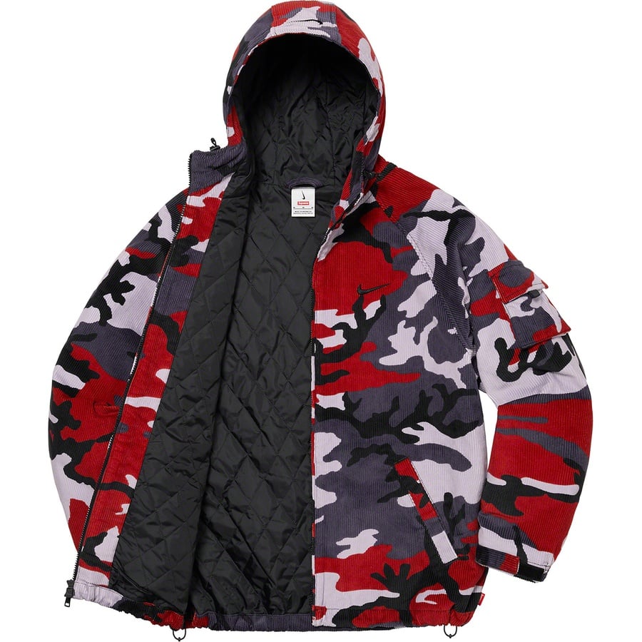 Details on Supreme Nike Arc Corduroy Hooded Jacket Red Camo from spring summer
                                                    2022 (Price is $198)