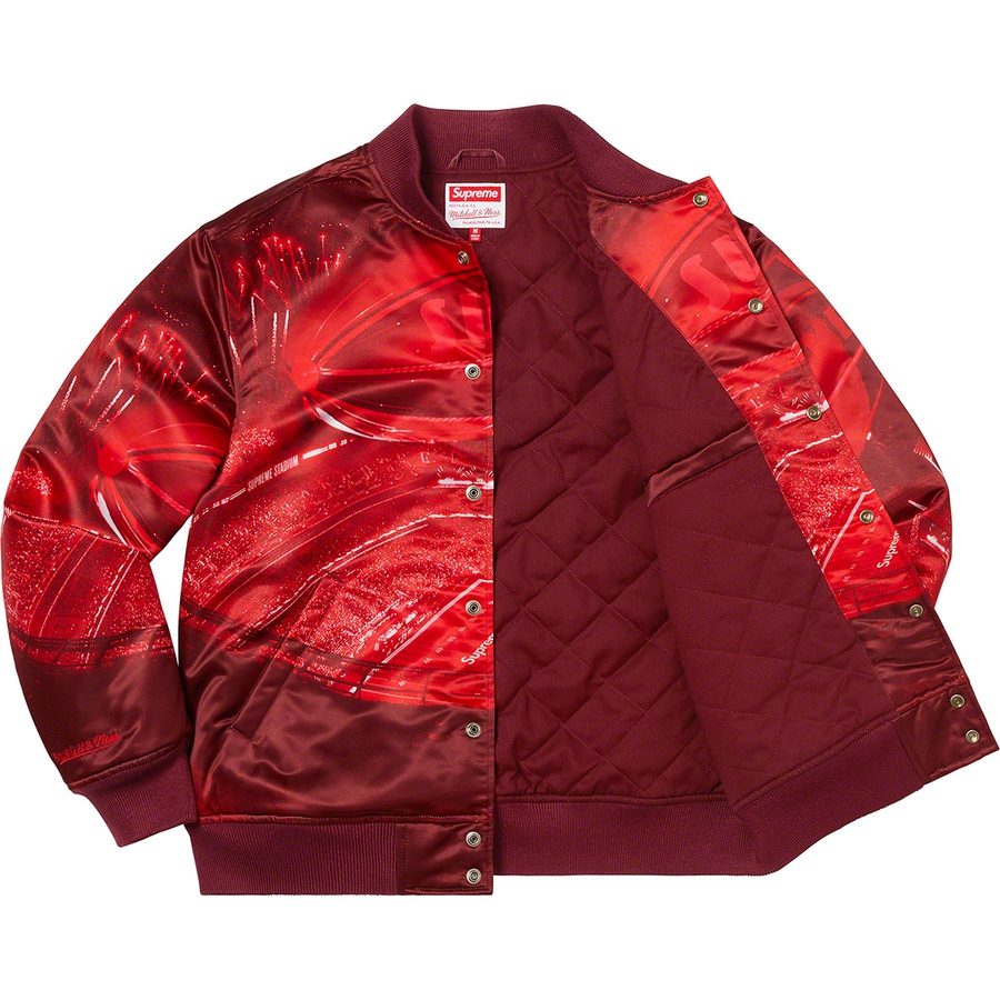 Details on Supreme Mitchell & Ness Stadium Satin Varsity Jacket Red from spring summer
                                                    2022 (Price is $268)