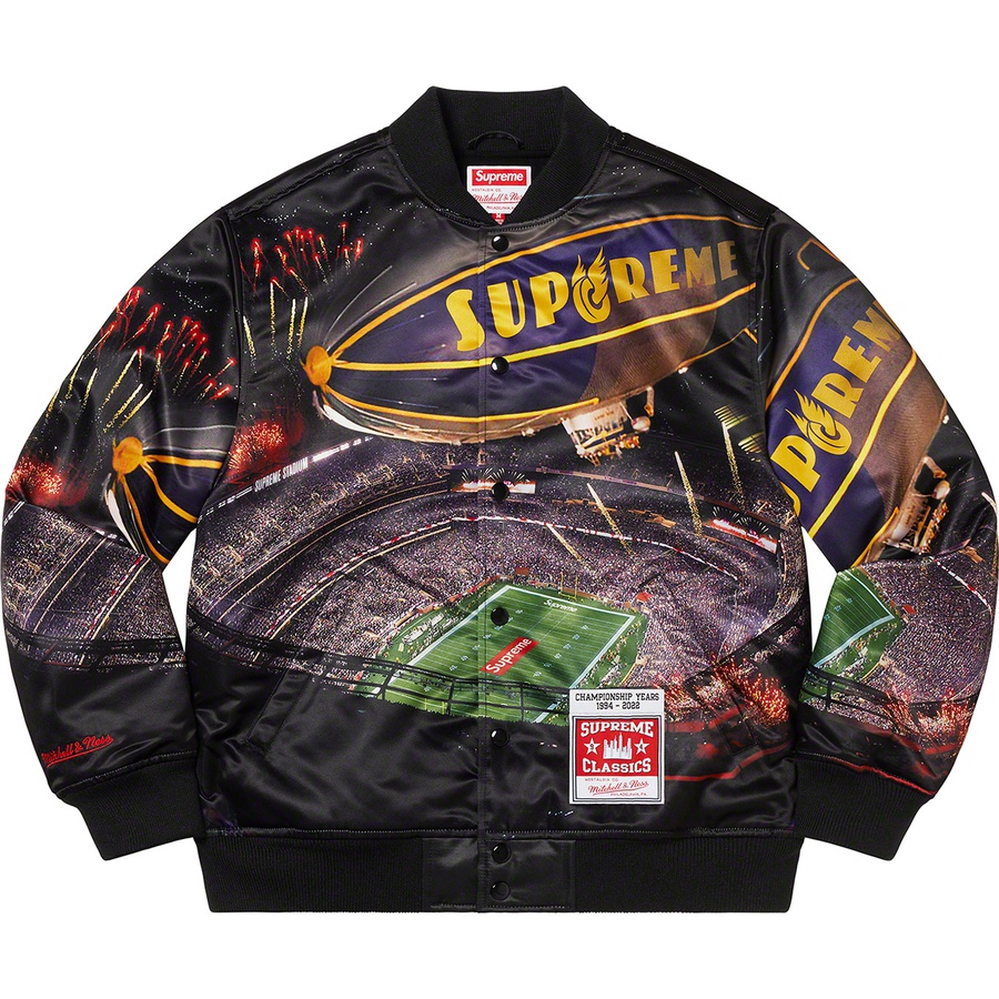 Details on Supreme Mitchell & Ness Stadium Satin Varsity Jacket Black from spring summer 2022 (Price is $268)