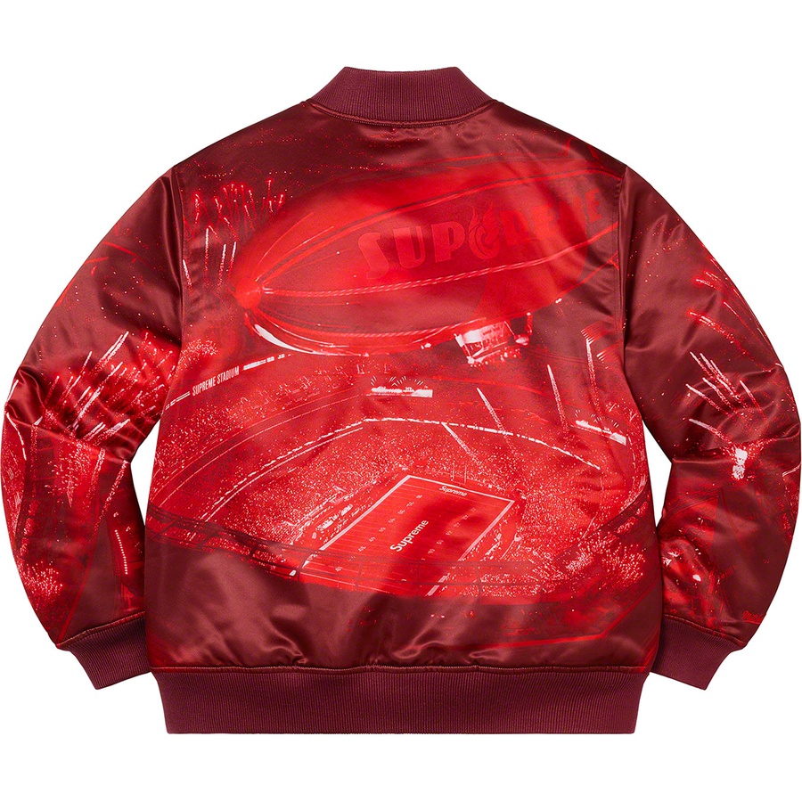 Details on Supreme Mitchell & Ness Stadium Satin Varsity Jacket Red from spring summer
                                                    2022 (Price is $268)