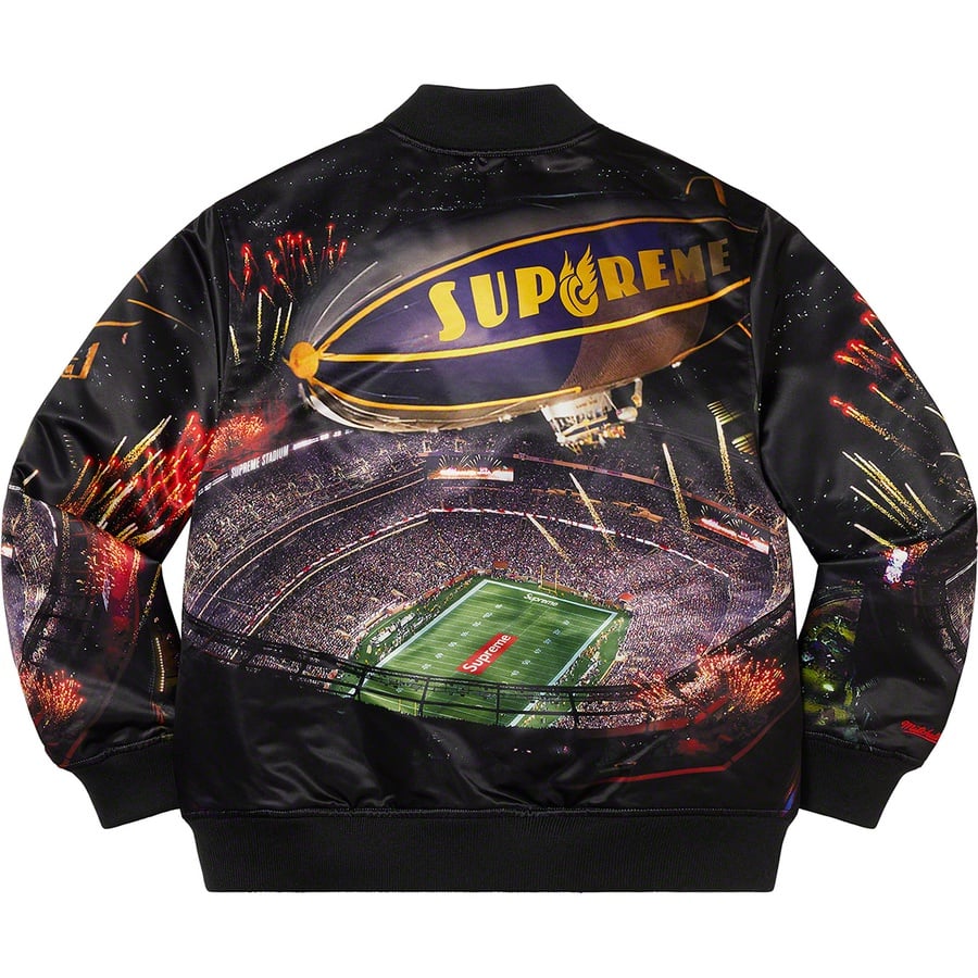 Details on Supreme Mitchell & Ness Stadium Satin Varsity Jacket Black from spring summer
                                                    2022 (Price is $268)