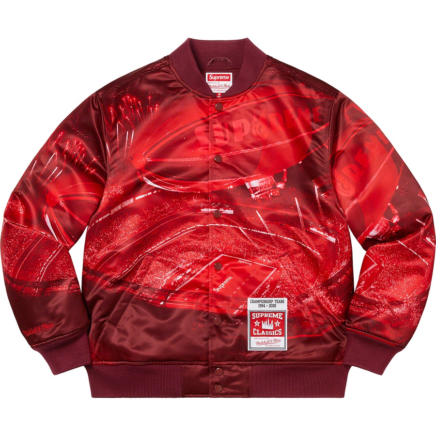Details on Supreme Mitchell & Ness Stadium Satin Varsity Jacket Red from spring summer 2022 (Price is $268)