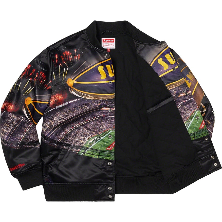Details on Supreme Mitchell & Ness Stadium Satin Varsity Jacket Black from spring summer 2022 (Price is $268)
