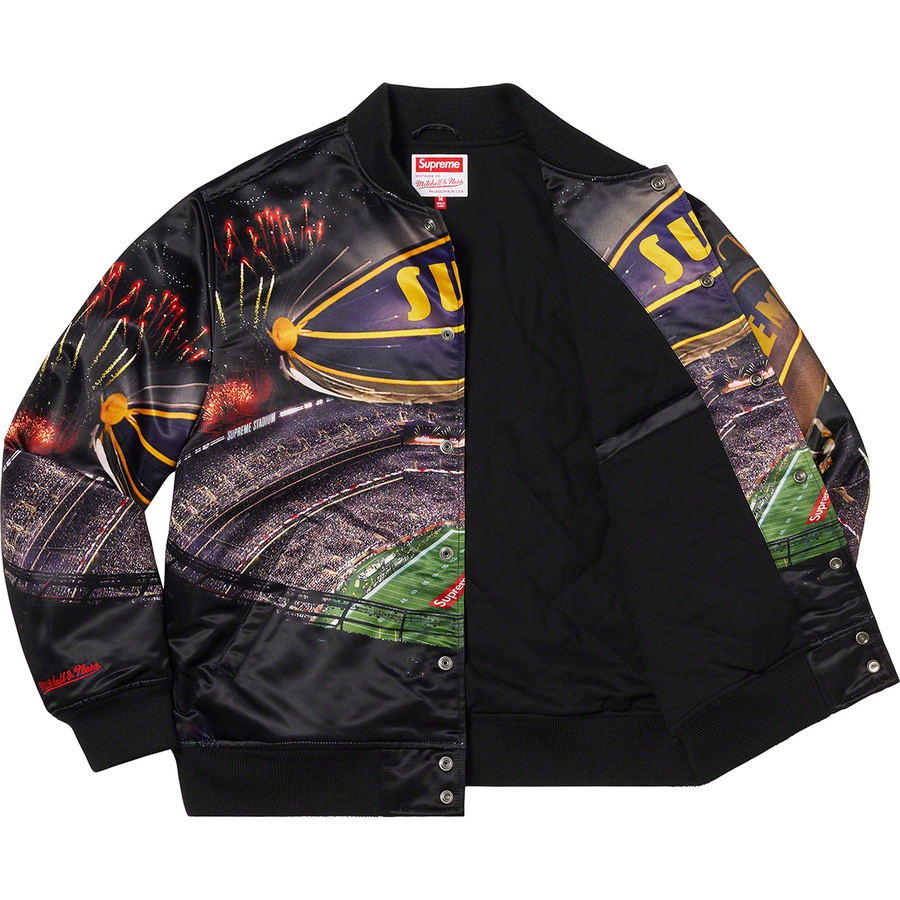 Details on Supreme Mitchell & Ness Stadium Satin Varsity Jacket Black from spring summer
                                                    2022 (Price is $268)