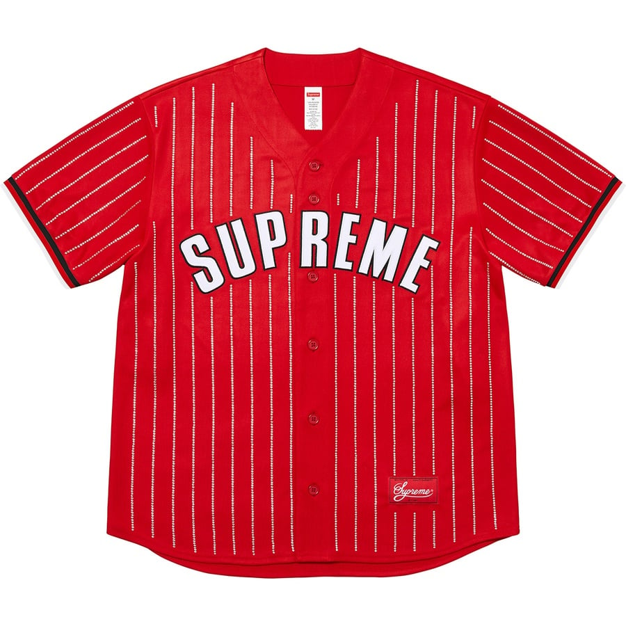 Details on Rhinestone Stripe Baseball Jersey Red from spring summer 2022 (Price is $148)