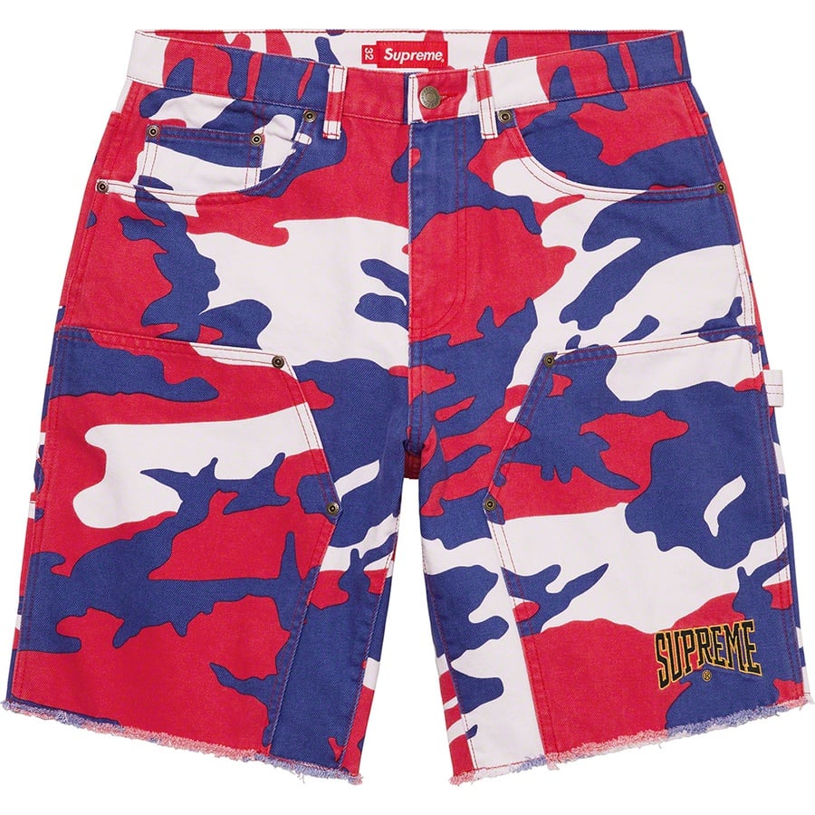 Details on Cutoff Double Knee Denim Painter Short Red Camo from spring summer 2022 (Price is $128)