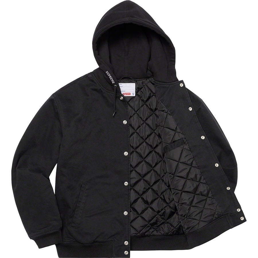 Details on Hooded Twill Varsity Jacket Black from spring summer 2022 (Price is $228)