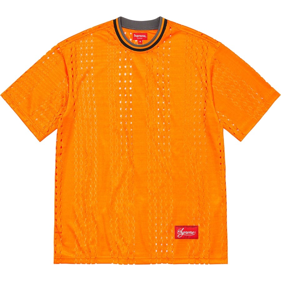 Details on Perforated Stripe Warm Up Top Orange from spring summer 2022 (Price is $78)