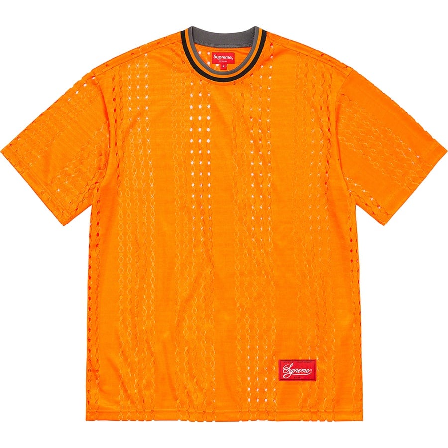 Details on Perforated Stripe Warm Up Top Orange from spring summer
                                                    2022 (Price is $78)