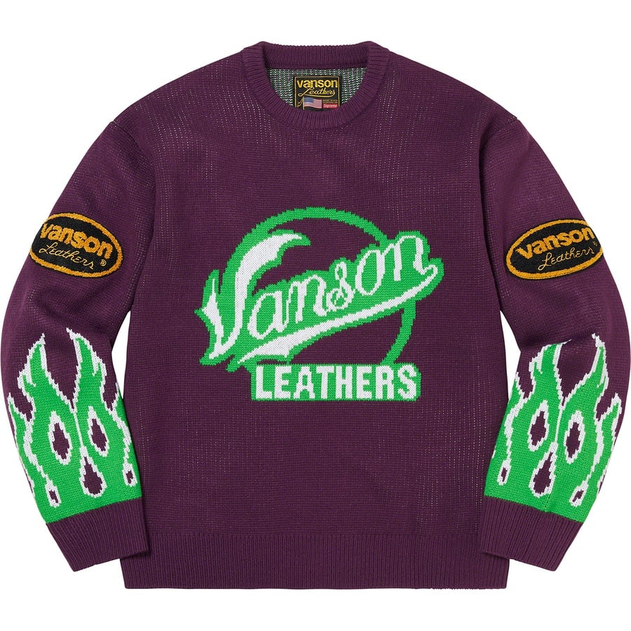 Details on Supreme Vanson Leathers Sweater Purple from spring summer 2022 (Price is $198)
