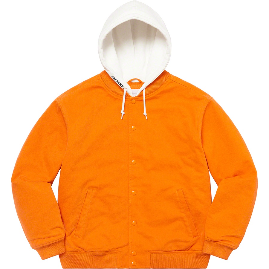 Details on Hooded Twill Varsity Jacket Orange from spring summer 2022 (Price is $228)