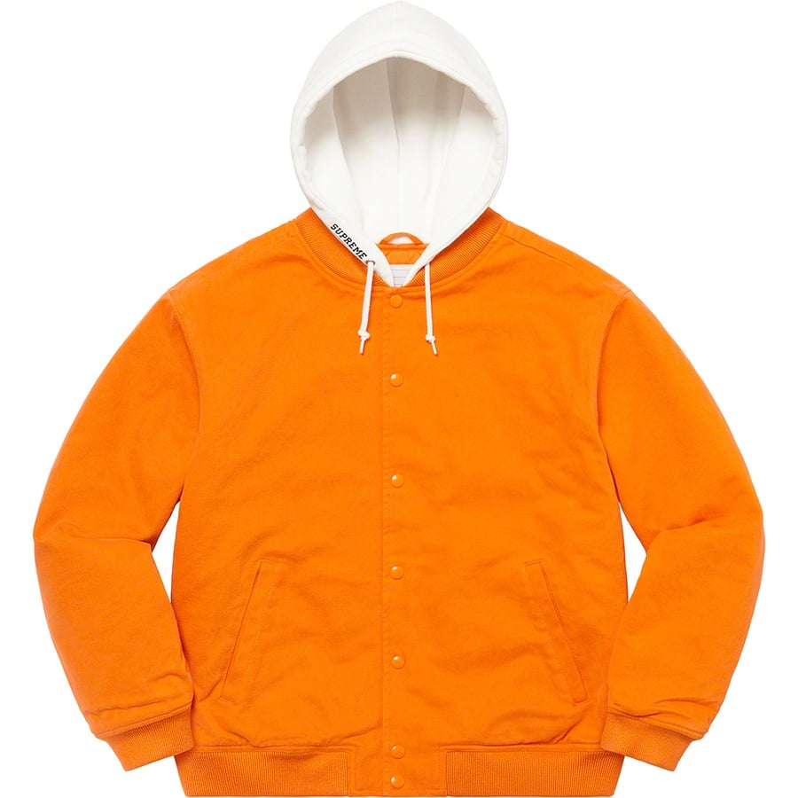 Details on Hooded Twill Varsity Jacket Orange from spring summer
                                                    2022 (Price is $228)