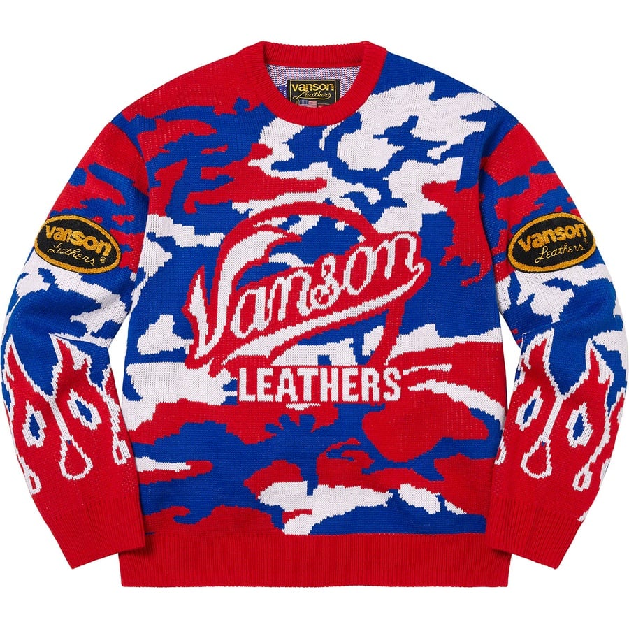 Details on Supreme Vanson Leathers Sweater Red Camo from spring summer
                                                    2022 (Price is $198)