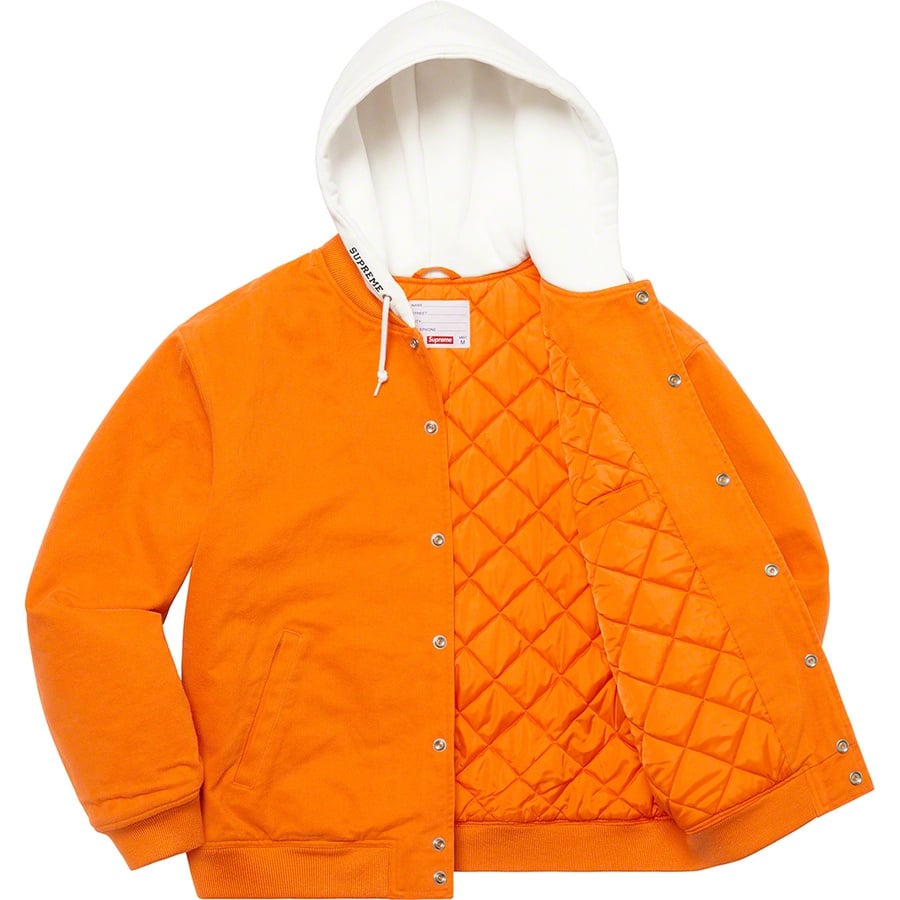 Details on Hooded Twill Varsity Jacket Orange from spring summer
                                                    2022 (Price is $228)