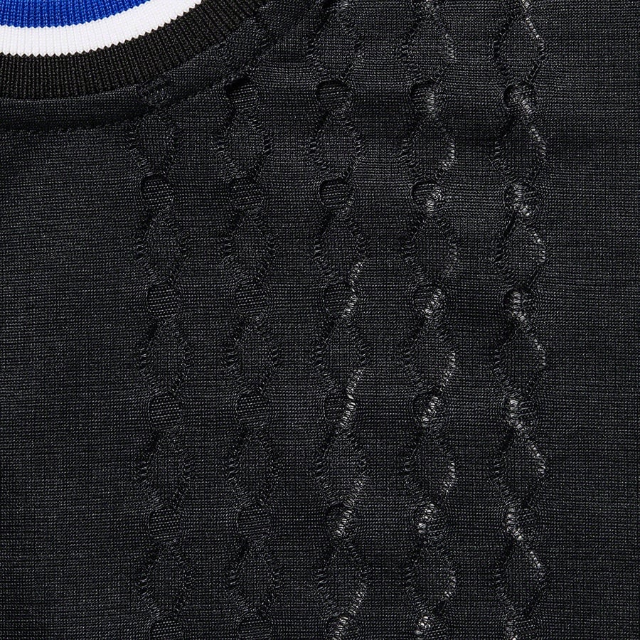 Details on Perforated Stripe Warm Up Top Black from spring summer 2022 (Price is $78)