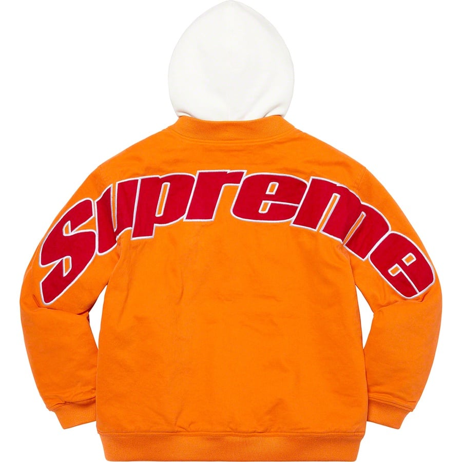Details on Hooded Twill Varsity Jacket Orange from spring summer 2022 (Price is $228)