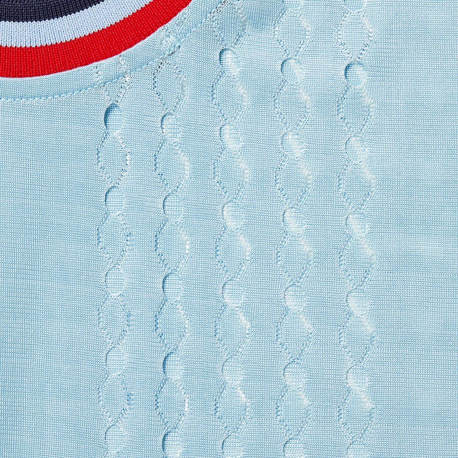 Details on Perforated Stripe Warm Up Top Light Blue from spring summer 2022 (Price is $78)