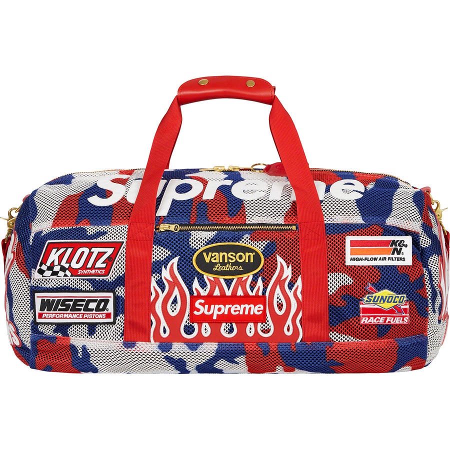 Details on Supreme Vanson Leathers Cordura Mesh Duffle Bag Red Camo from spring summer 2022 (Price is $548)