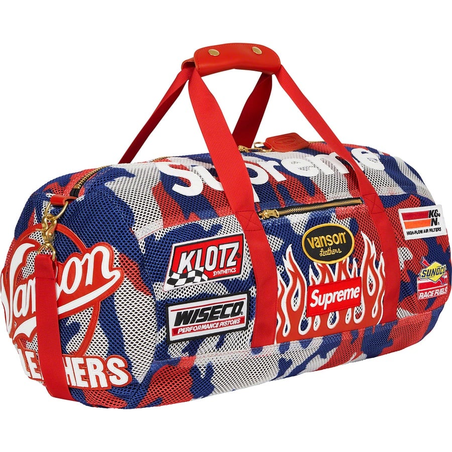 Details on Supreme Vanson Leathers Cordura Mesh Duffle Bag Red Camo from spring summer
                                                    2022 (Price is $548)