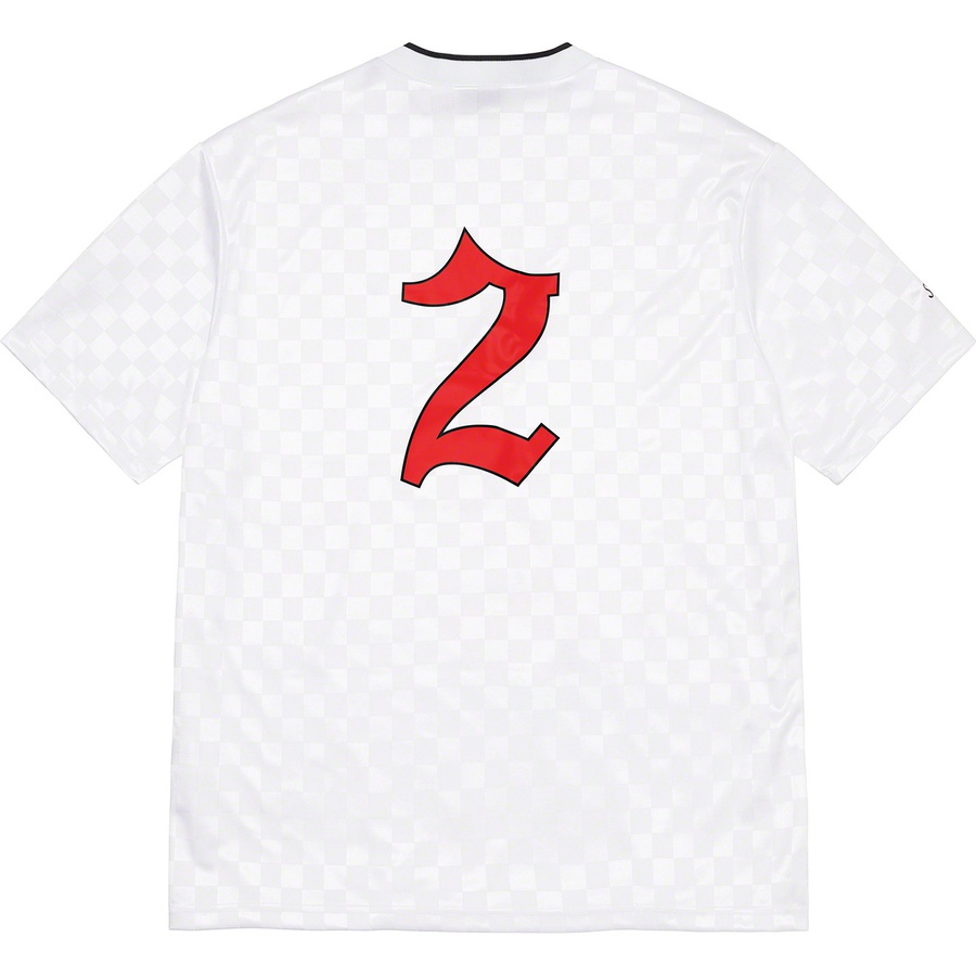Details on Supreme Umbro Soccer Jersey White from spring summer 2022 (Price is $110)