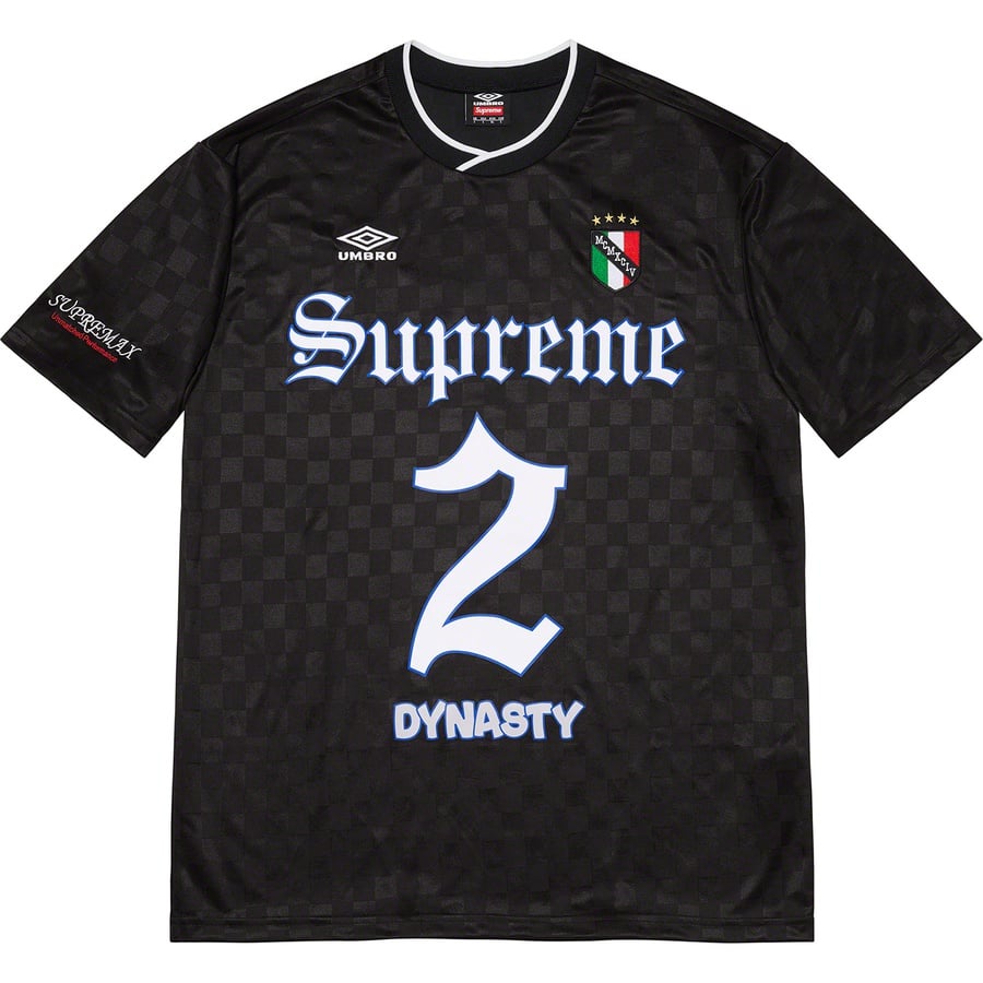 Details on Supreme Umbro Soccer Jersey Black from spring summer 2022 (Price is $110)