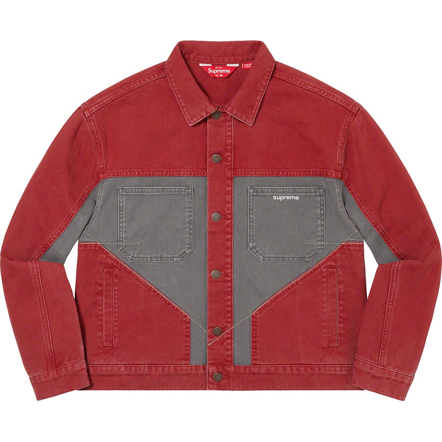 Details on 2-Tone Paneled Denim Jacket Red from fall winter 2022 (Price is $198)