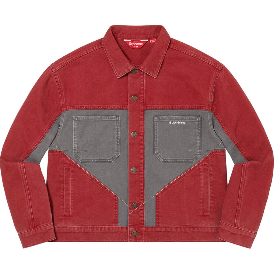 Details on 2-Tone Paneled Denim Jacket Red from fall winter
                                                    2022 (Price is $198)