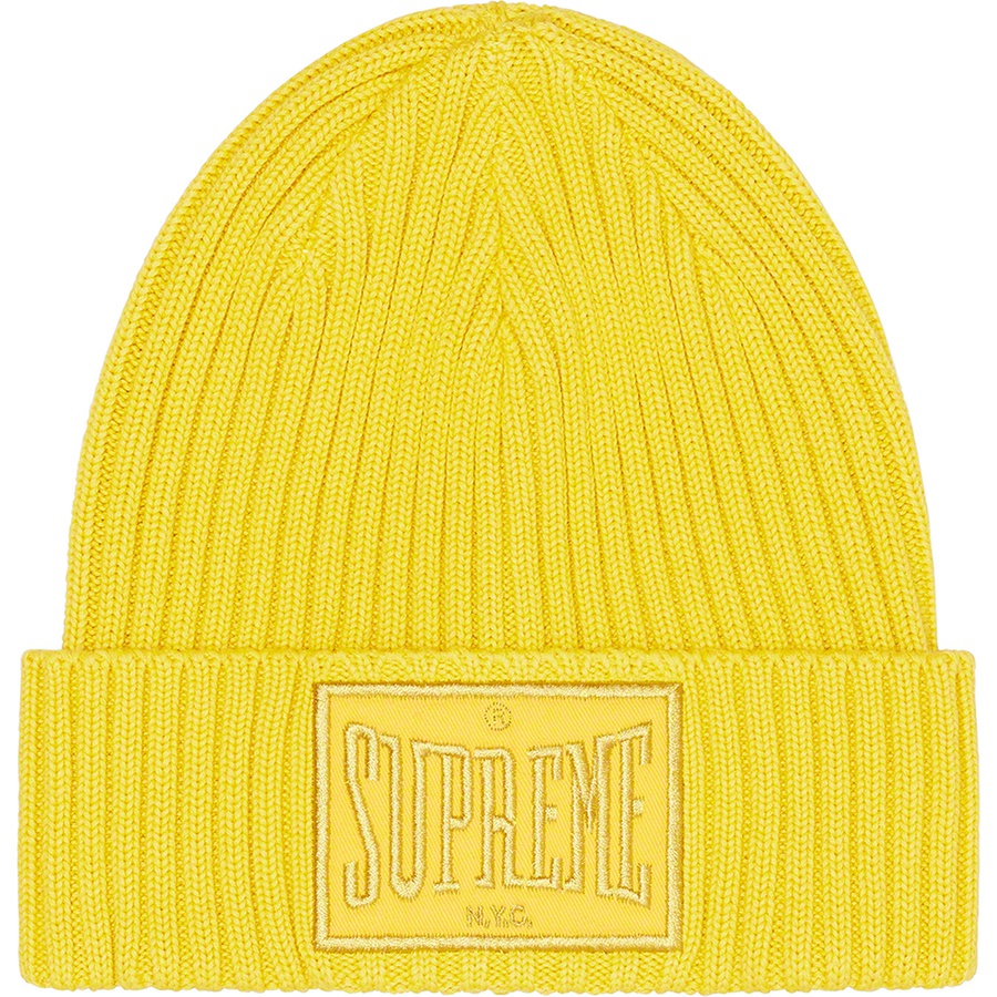 Details on Overdyed Patch Beanie Yellow from fall winter
                                                    2022 (Price is $38)