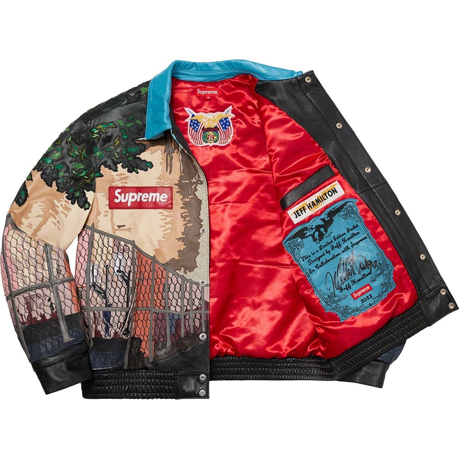 Details on Jeff Hamilton Ridge Street Leather Jacket Multicolor from fall winter 2022 (Price is $9998)