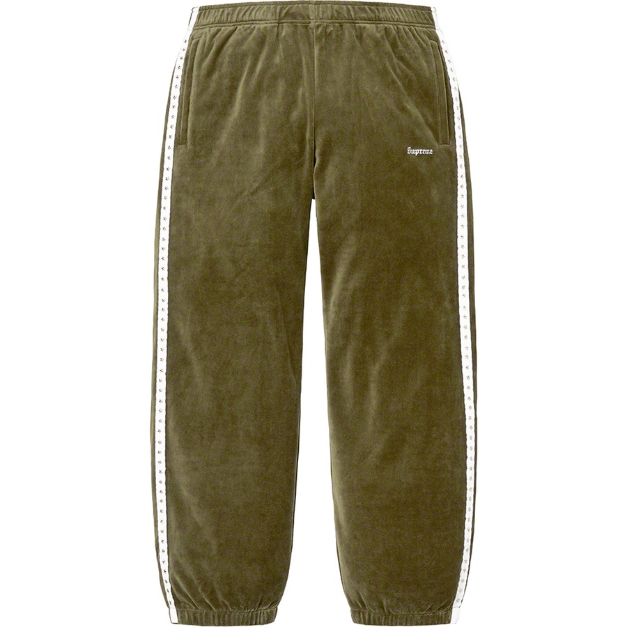 Details on Studded Velour Track Pant Olive from fall winter
                                                    2022 (Price is $138)