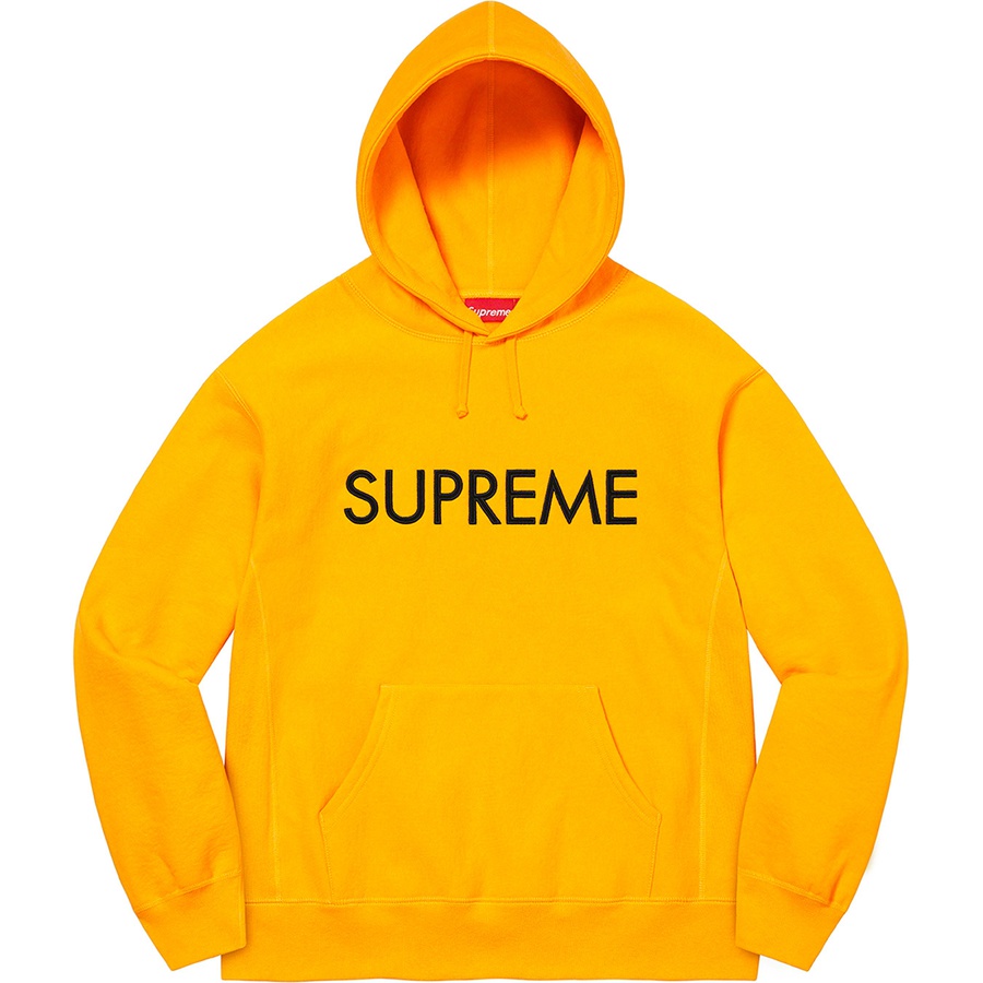Details on Capital Hooded Sweatshirt Bright Gold from fall winter 2022 (Price is $158)