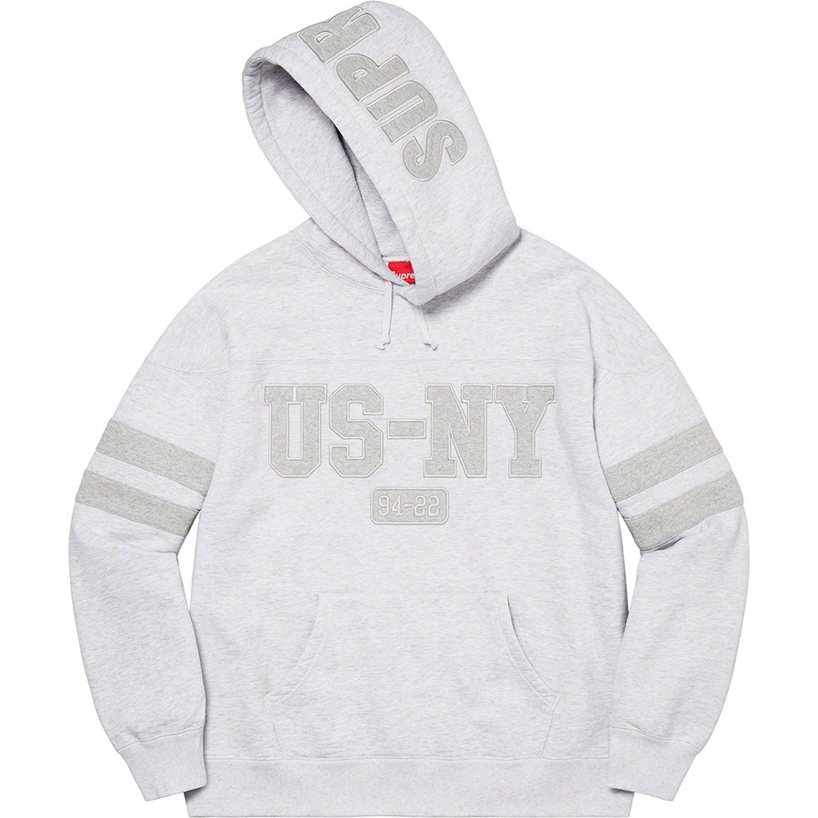 Details on US-NY Hooded Sweatshirt Ash Grey from fall winter 2022 (Price is $168)