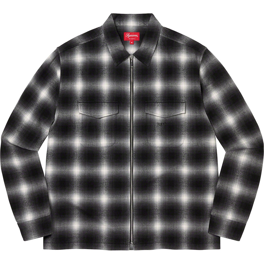 Details on Shadow Plaid Flannel Zip Up Shirt Black from fall winter 2022 (Price is $138)