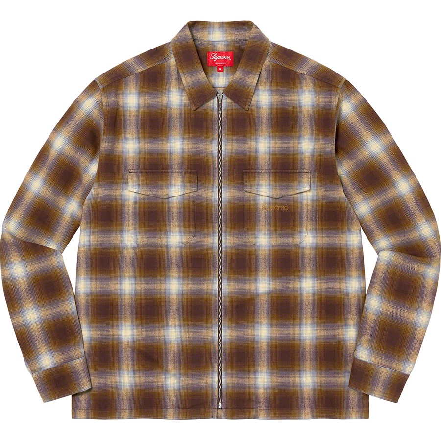Details on Shadow Plaid Flannel Zip Up Shirt Brown from fall winter 2022 (Price is $138)