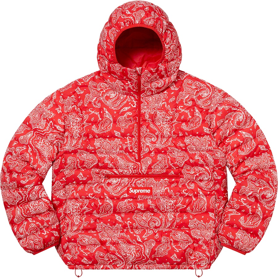 Details on Micro Down Half Zip Hooded Pullover Red Paisley from fall winter 2022 (Price is $238)