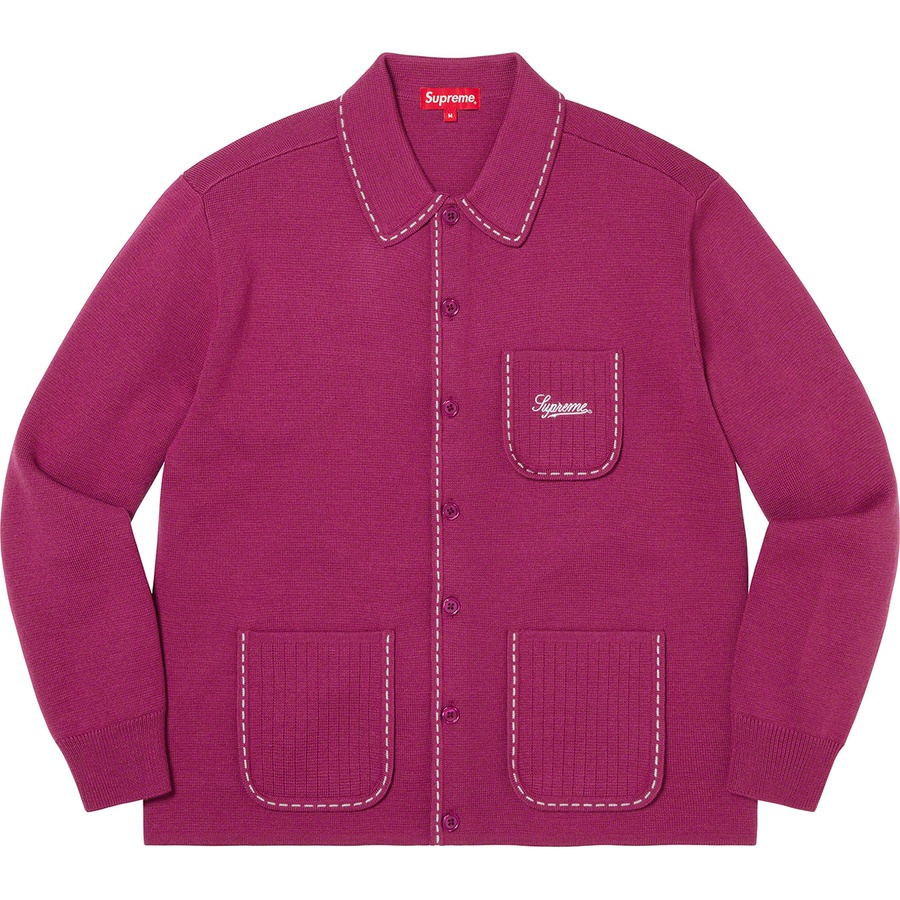 Details on Contrast Stitch Button Up Sweater Fuchsia from fall winter 2022 (Price is $168)