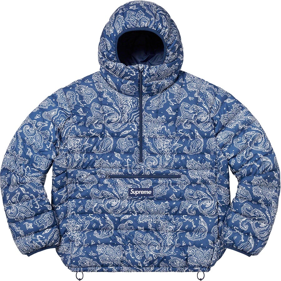 Details on Micro Down Half Zip Hooded Pullover Blue Paisley from fall winter
                                                    2022 (Price is $238)