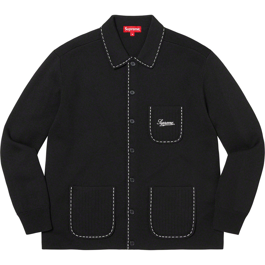 Details on Contrast Stitch Button Up Sweater Black from fall winter 2022 (Price is $168)