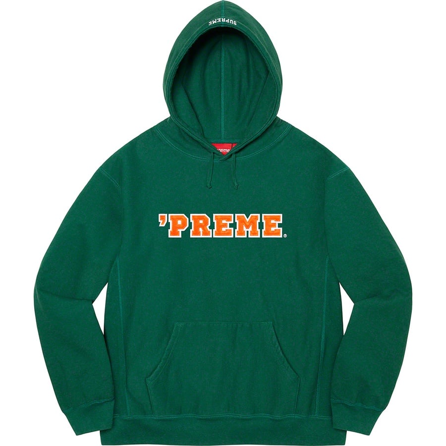 Details on Preme Hooded Sweatshirt Dark Green from fall winter 2022 (Price is $158)