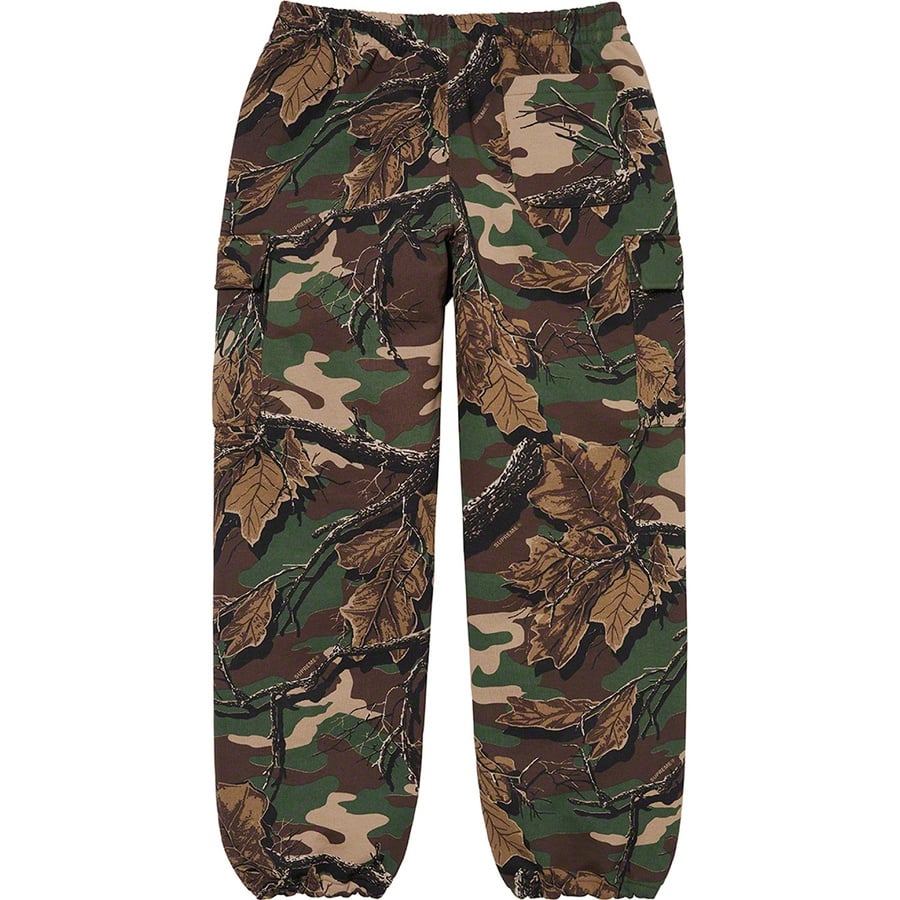 Details on Small Box Cargo Sweatpant Branch Woodland Camo from fall winter 2022 (Price is $158)