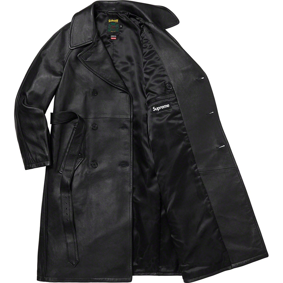 Details on Supreme Schott Leather Trench Coat Black from fall winter 2022 (Price is $1498)